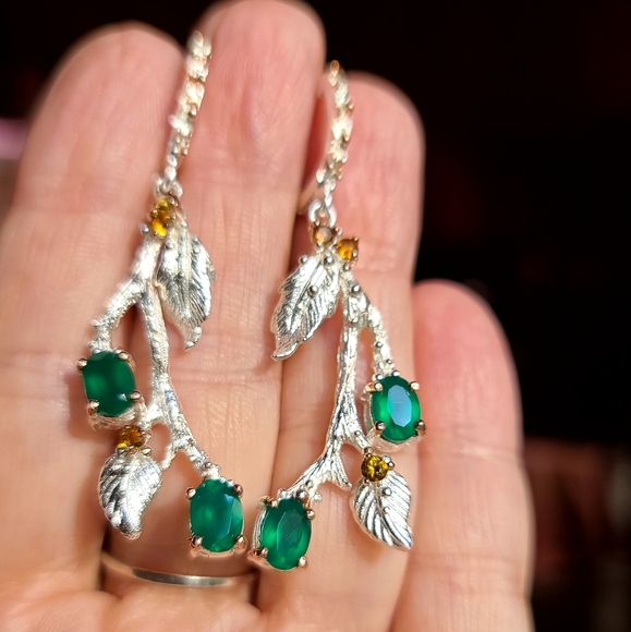 Green Onyx & Citrine Sterling & Gold branch earrings - Picture 5 of 5